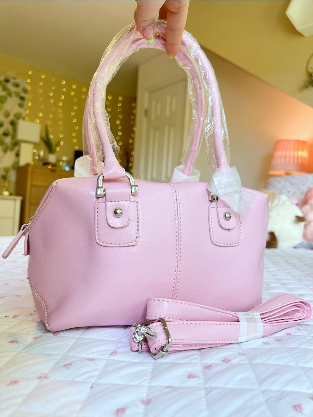 Vintage Y2K Baby Pink Structured Handbag Silver Hardware Crossbody Bag Purse